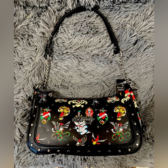 ED Hardy Bag Black Shoulder Bag Crossbody Iconic Logo Tattoo Print Handbag NWT - Picture 1 of 5